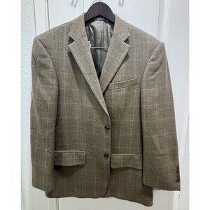 Oscar de la Renta 46R Wool Sport Coat Tan Windowpane Fits XL